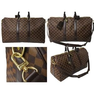 Louis Vuitton Ebene Bag Keepall Bandouliere Boston Brown Leather Damier